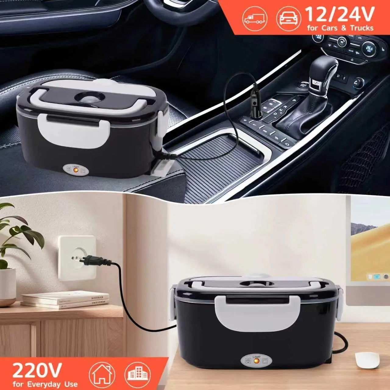 12V 24V Electric Heated Lunch Box, Portable, Bento Travel Food Warmer, Car Plug DE