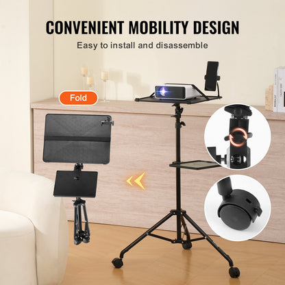 Projector Stand With Wheels, Laptop Stand Tripod Adjustable Height From 31.3 To 67.3", Projector Tripod Stand With 2 Trays & Gooseneck Phone Holder, For Outdoor Movies, Home, Office Or Studio
